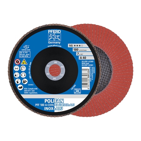 Pferd 7" x 7/8" A.H. POLIFAN Flap Disc - A-COOL SG INOX+ALU, Aluminum oxide, 40 Grit, Flat 62369